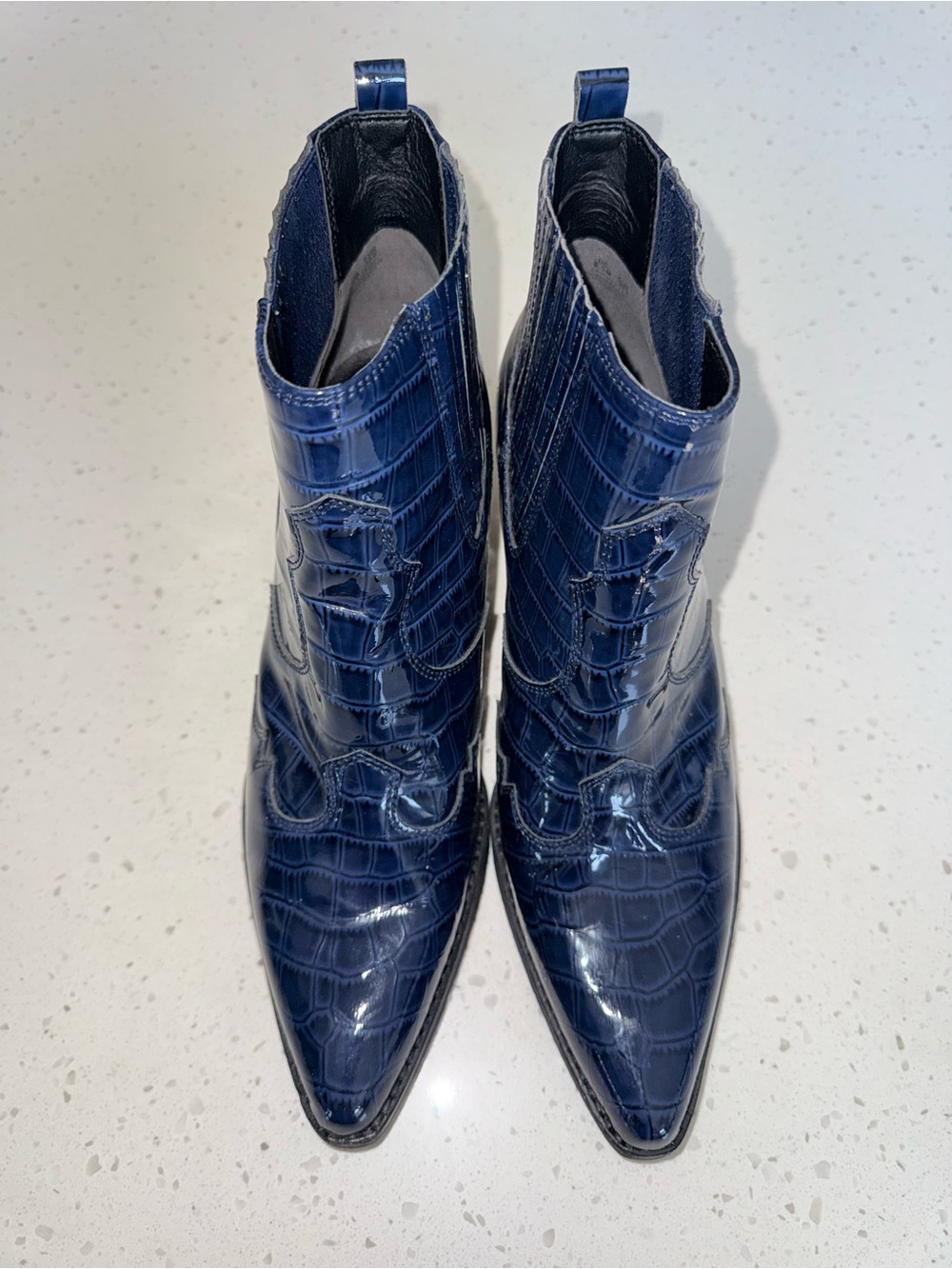Sam Edelman Navy Croc-Embossed Patent Ankle Booties - Picture 3 of 14